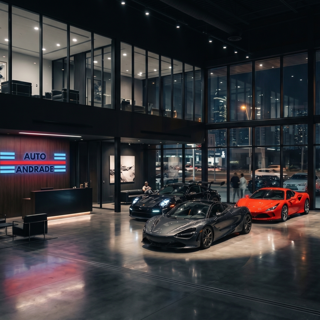 Showroom Auto Andrade exposant des voitures de sport et véhicules de prestige à la vente.