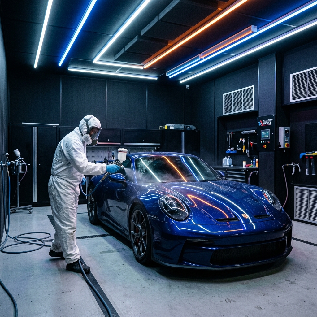 Application de peinture automobile haut de gamme dans la cabine du garage Auto Andrade.