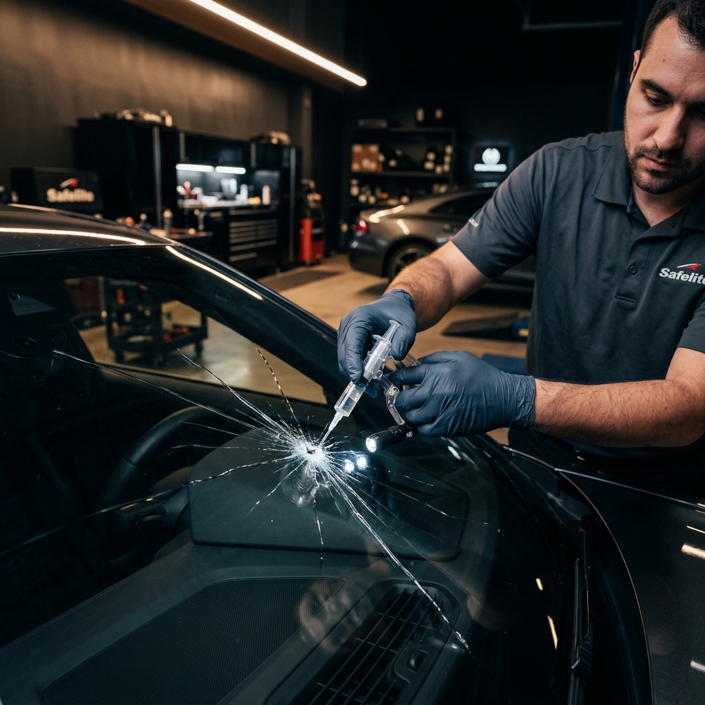 Technicien Auto Andrade remplaçant le pare-brise d'un véhicule haut de gamme en atelier.